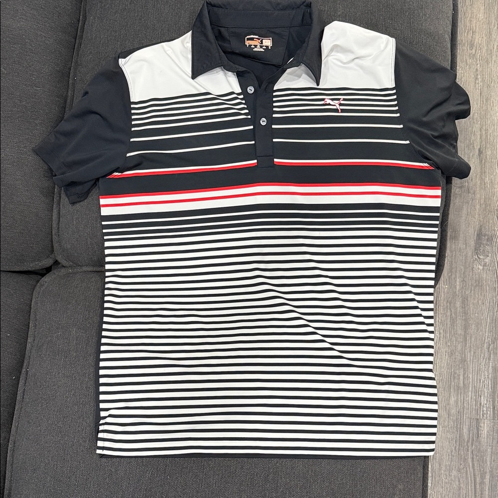 Men's Puma Golf Striped Polo Shirt - Black, White, and Red